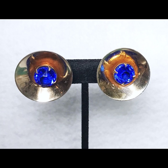 Vintage Gold Earrings Cone Shape with Cobalt Center Glass Bead Screw On Closure - Picture 1 of 3